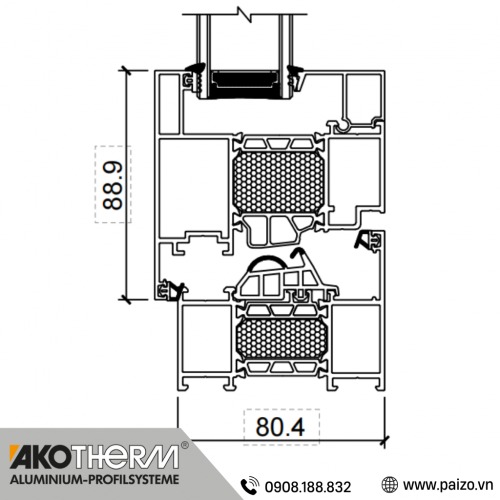 Mặt cắt hệ cửa đi mở quay Akotherm Z80 cầu cách nhiệt
